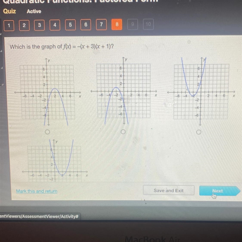 A 2 3 4 5 6 7 8 Which is the graph of f(x) = -(x+3)(x + 1)? 10-example-1