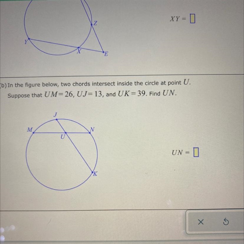 and the feature below, two chords intersect inside the circle at point U. suppose-example-1