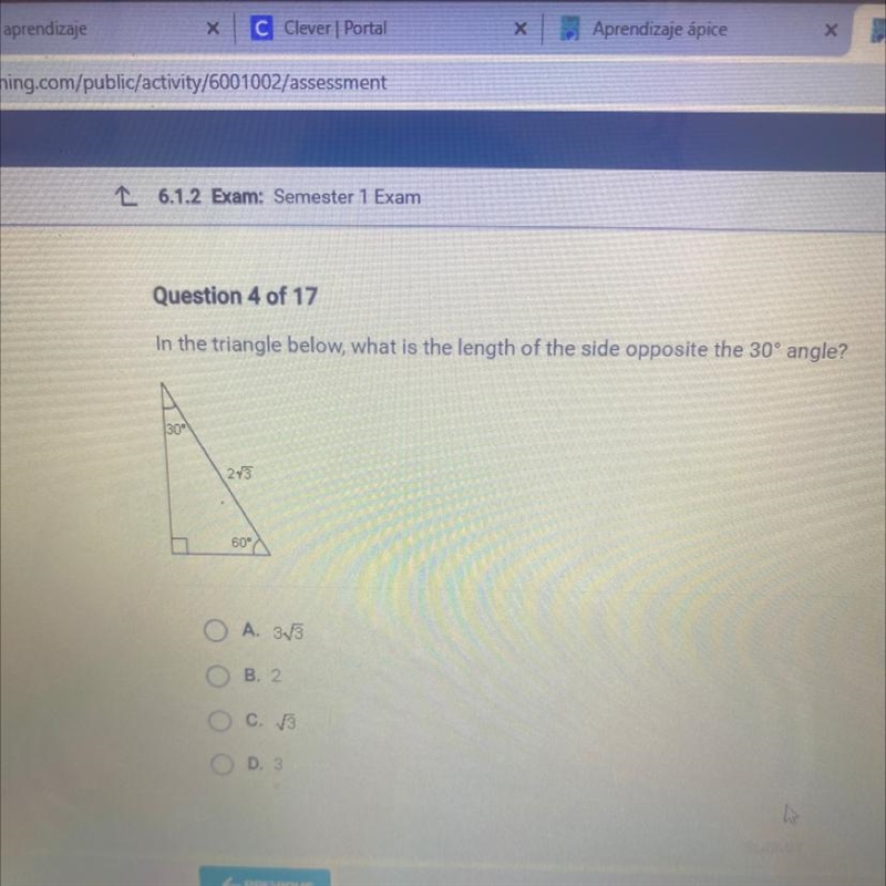 In the triangle below, what is the length of the side opposite the 30° angle? 30 1243 60-example-1