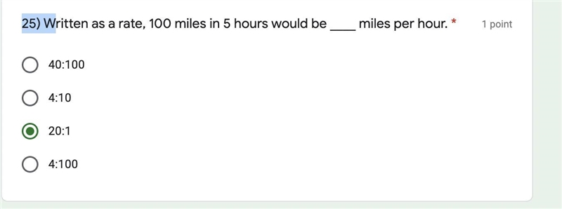 Written as a rate, 100 miles in 5 hours would be ____ miles per hour.-example-1