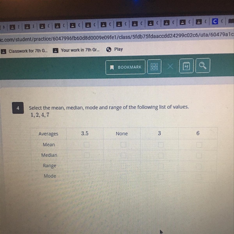 Select the mean, median, mode and range of the following list of values.1, 2, 4,7Averages-example-1