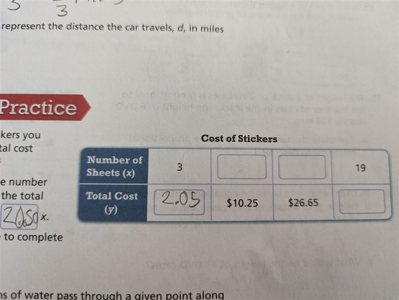 D Number of Sheets (x) Total Cost (y) 3 Cost of Stickers $10.25 $26.65 19​-example-1