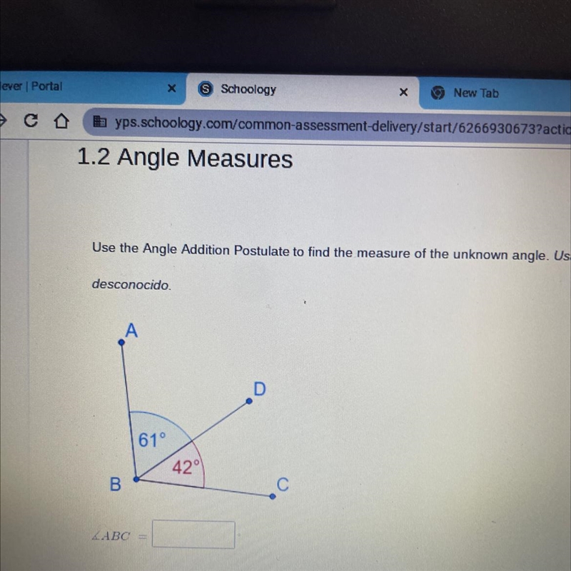 Use the Angle Addition Postulate to find the measure of the unknown angle-example-1