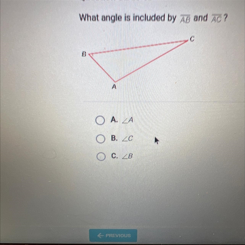 What angle is included by AB and AC?CAOA. LAOB. ZCC. LBB-example-1