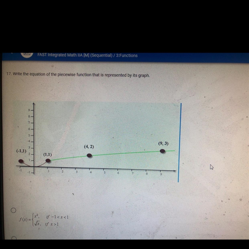 Write the equation of the piece wise function that is represented by the graph.-example-1