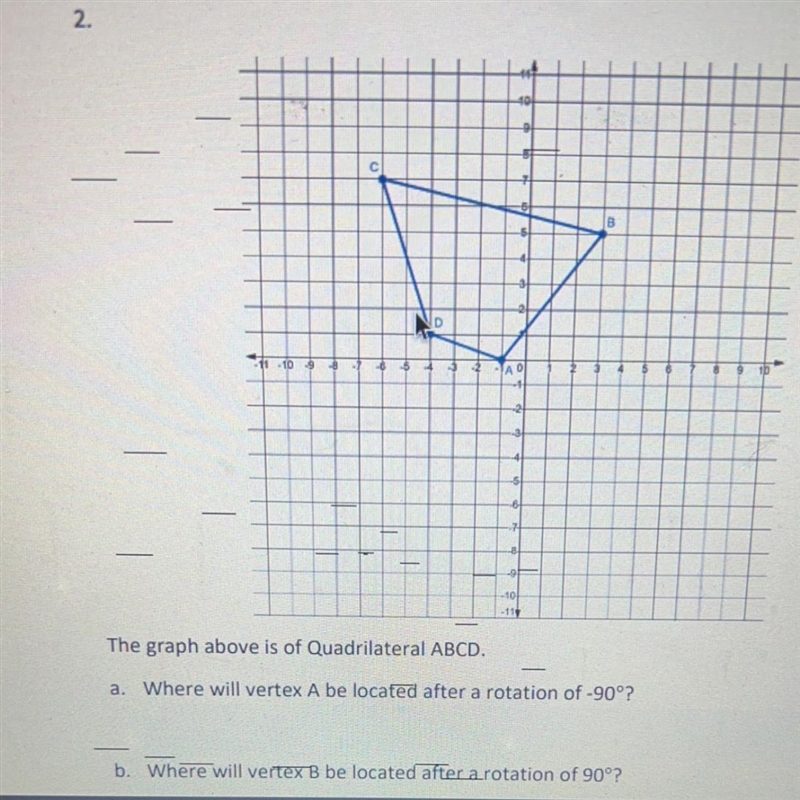 A. where will vertex A be located after a rotation of -90° B. where will vertex B-example-1