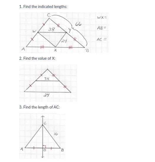 1. Find the indicated lengths: 2. Find the value of X: 3. Find the length of AC:-example-1