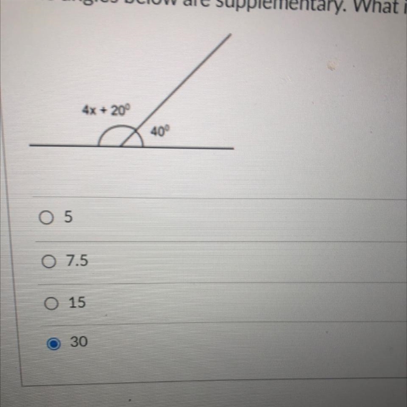 The angles below are supplementary. What is the value of x? (5 points)-example-1