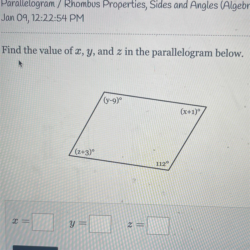 Find the value of x, y, and z in the parallelogram below.-example-1