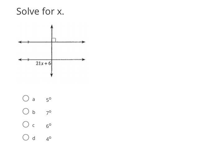 Solve for X. A. 5 degree B. 7 degree C. 6 degree D. 4 degree Help!!!-example-1