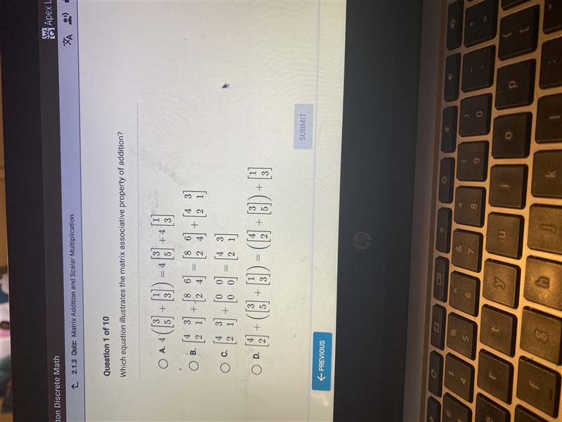 Which equation illustrates the matrix associative property of addition-example-1