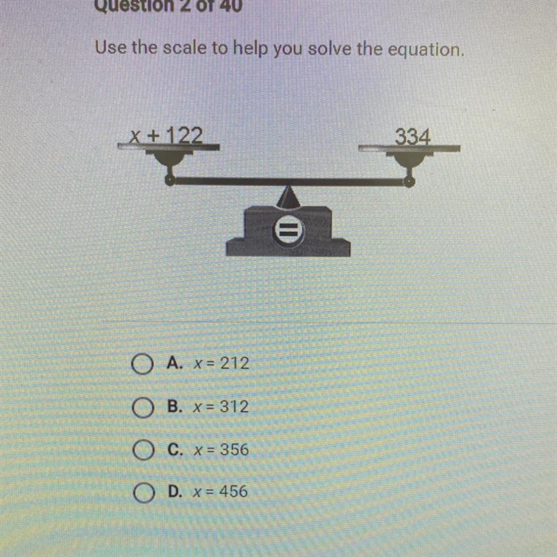 Use the scale to help you solve the equation. x + 122 334 e-example-1