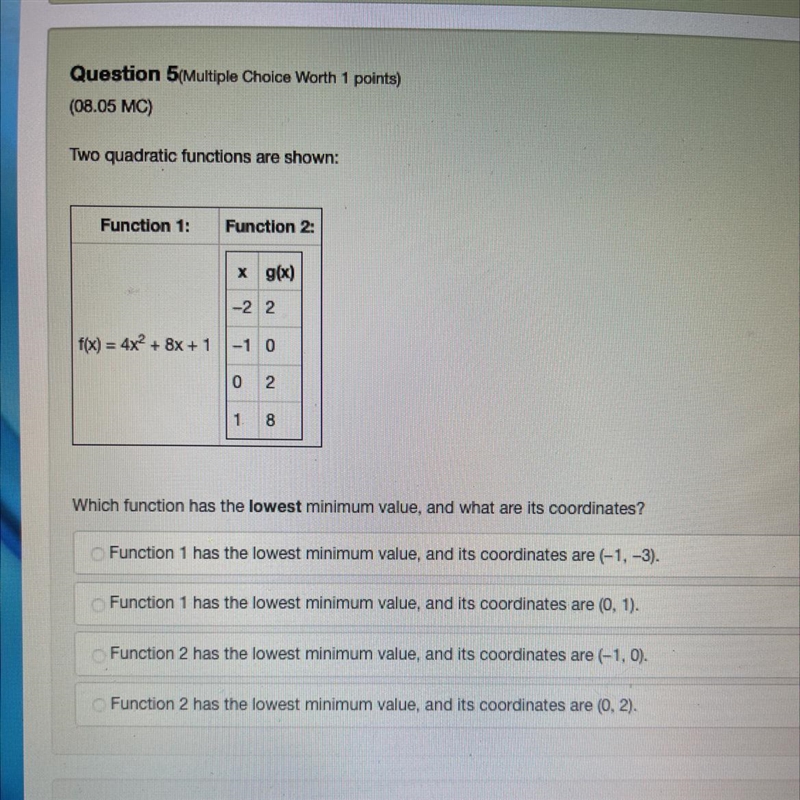 Question 5 Multiple Choice Worth 1 points)(08.05 MC)Two quadratic functions are shown-example-1