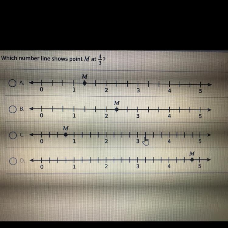 Which number line shows point M at 4/3-example-1