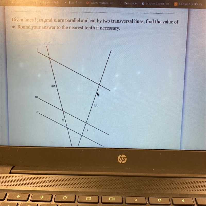 Given lines 1, m,and n are parallel and cut by two transversal lines, find the value-example-1