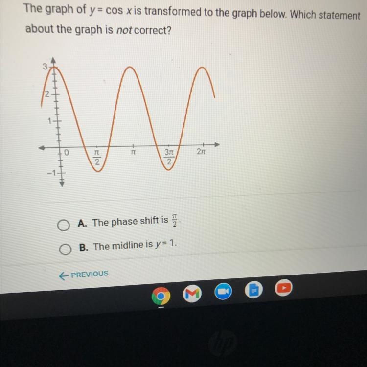 The graph of y = cos x is transformed to the graph below. Which statementabout the-example-1