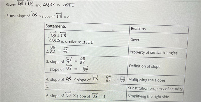 The table shows the proof of the relationship between the slopes of two perpendicular-example-2