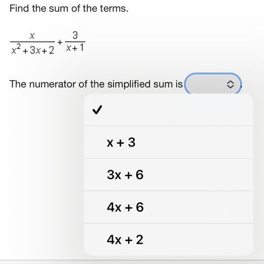 Find the sum of the terms. The numerator of the simplified sum is-example-1