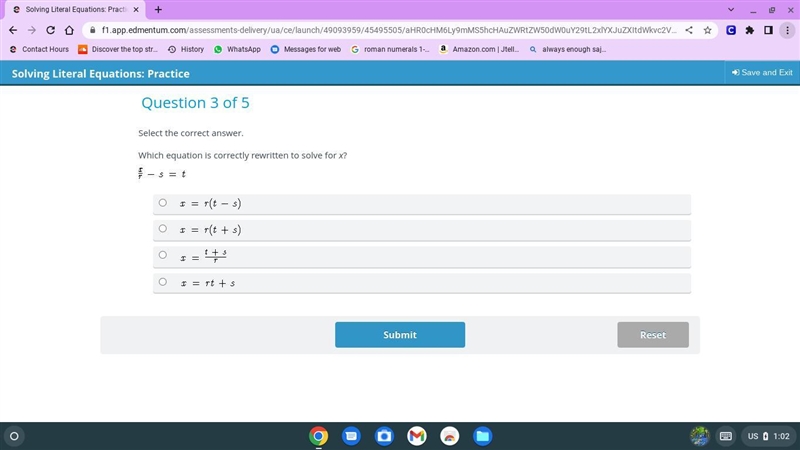 Which equation is correctly rewritten to solve for x? x/r - s = t-example-1