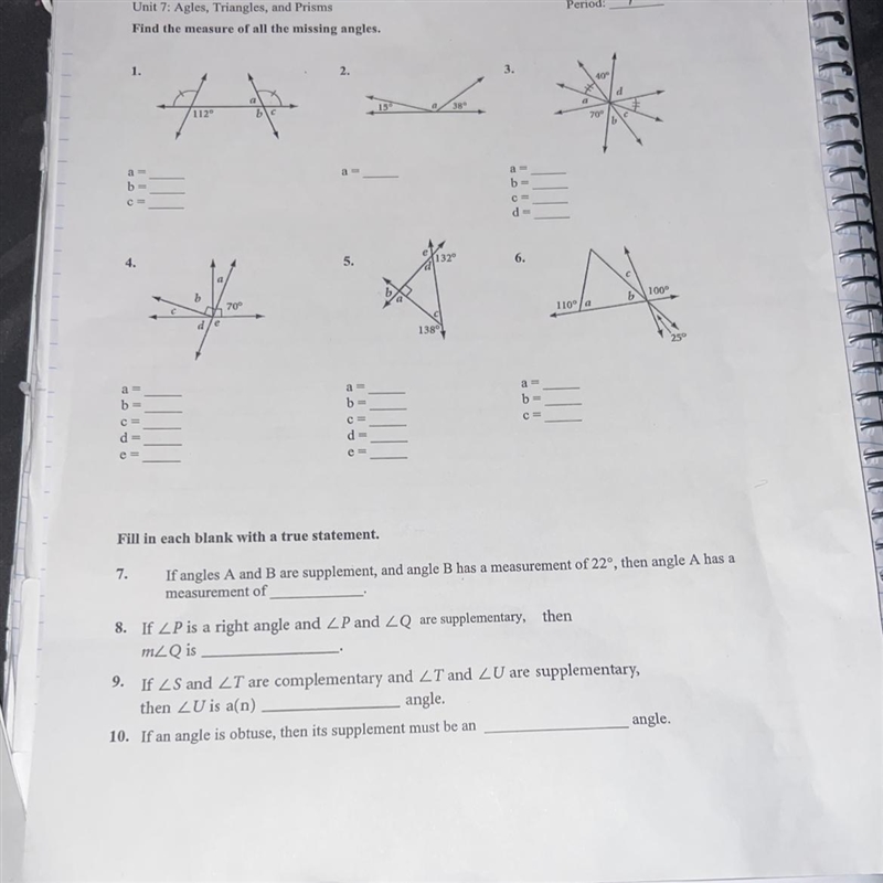 CCSS Math 7 Unit 7. Agles, Triangles, ad Prisms Find the measure of all the missing-example-1