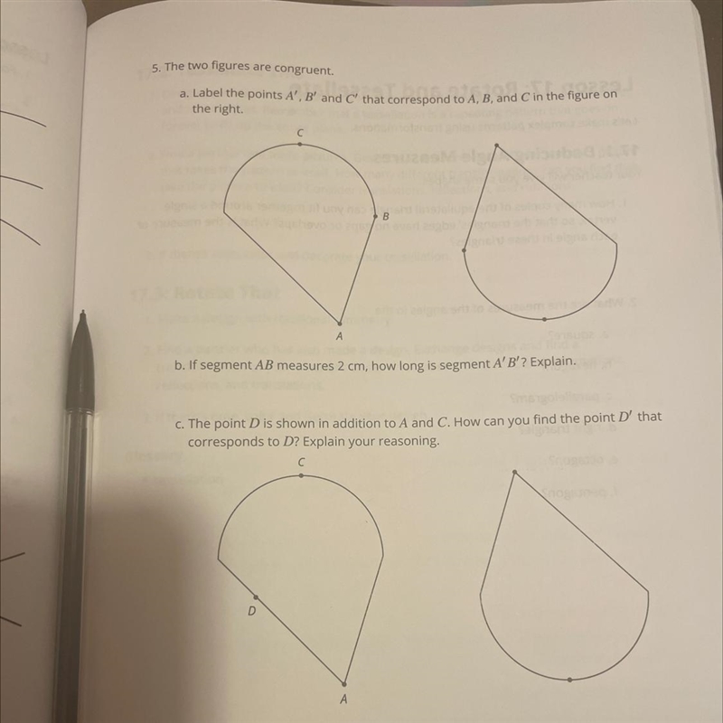 5. The two figures are congruent. a. Label the points A, B and C that correspond to-example-1