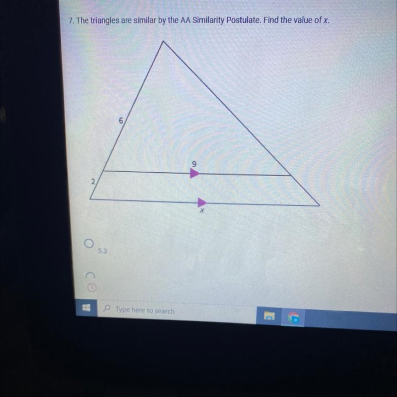 The triangles are similar by the AA Similarity Postulate. Find the value of x.-example-1