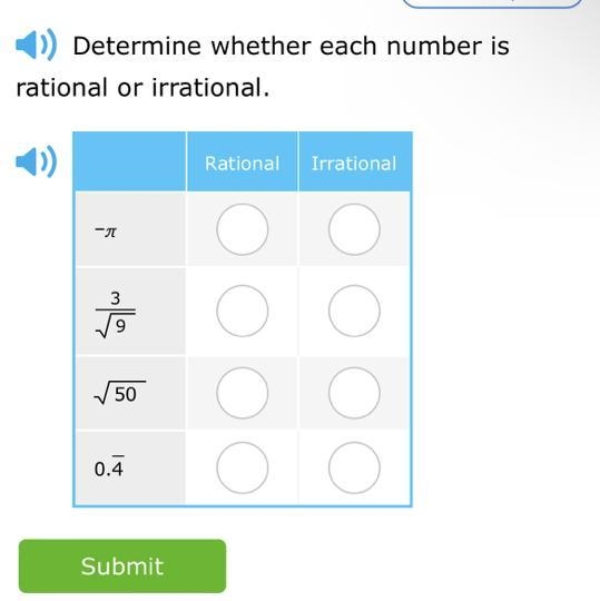 Determine whether each number is rational or irrational. -π mlla 3 50 0.4 Rational-example-1