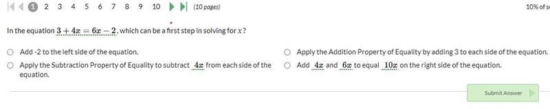 In the equation, 3 + 4x = 6x - 2 which can be a first step in solving x?-example-1