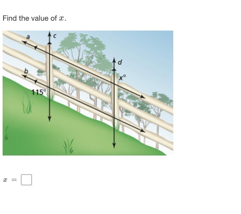 Find the value of x Transversal angles, interior exterior angles, parallel-example-1