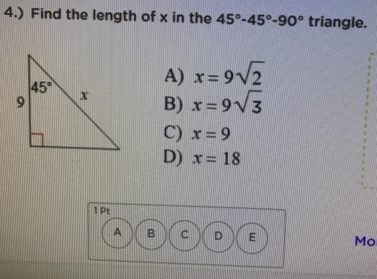 Find the length of x in the 45 degree, -45 degree, -90 degree triangle. Show work-example-1