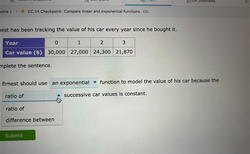 Ernest has been tracking the value of his car every year since he bought it.Year0123Car-example-1