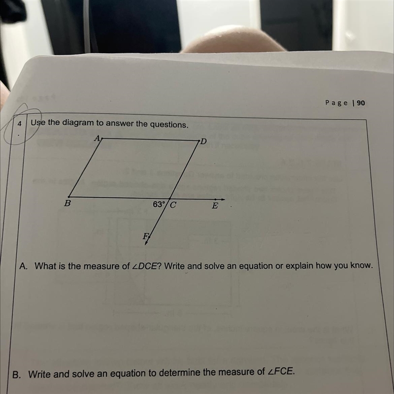 А, D B 63°C E F m. What is the measure of ZDCE? Write and solve an equation or explain-example-1