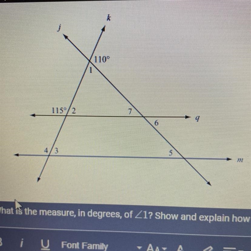 Line q and m are cut by transversal lines j and k. The line and the measures of some-example-1