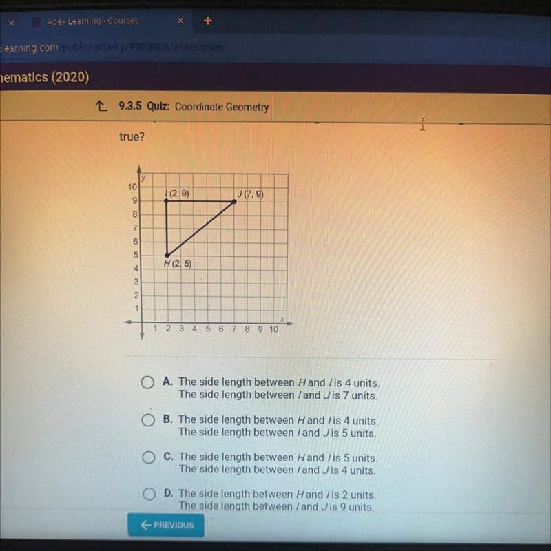 Which pair of statements about the lengths of two sides of the triangle is true?-example-1