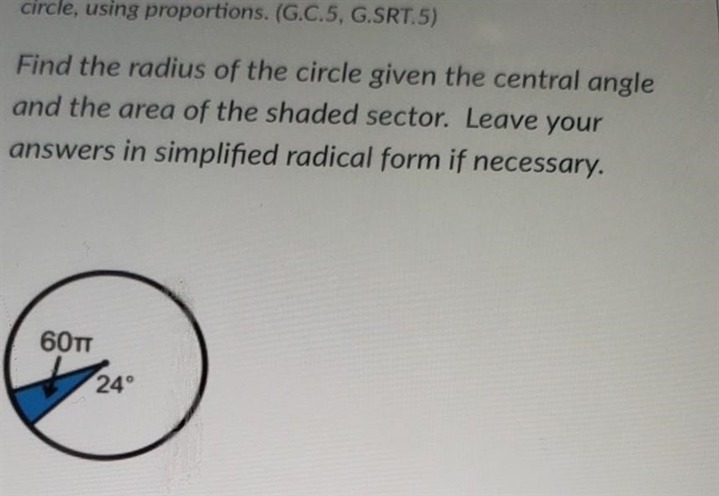 Find the radio said the circle given the central angle in the area of the shaded sector-example-1