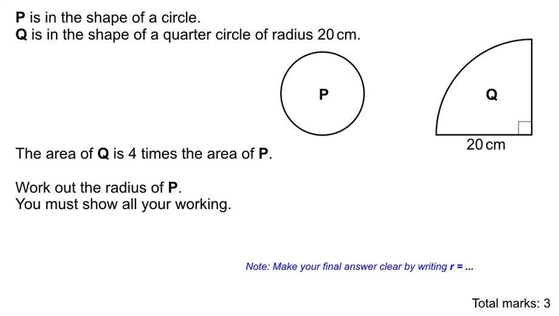 P is in the shape of a circle q is in the shape of a quarter circle of radius 20cm-example-1