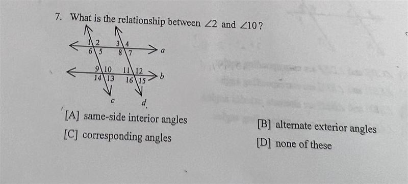 What is the relationship between angle 2 and angle 10? A. Same-side interior angle-example-1