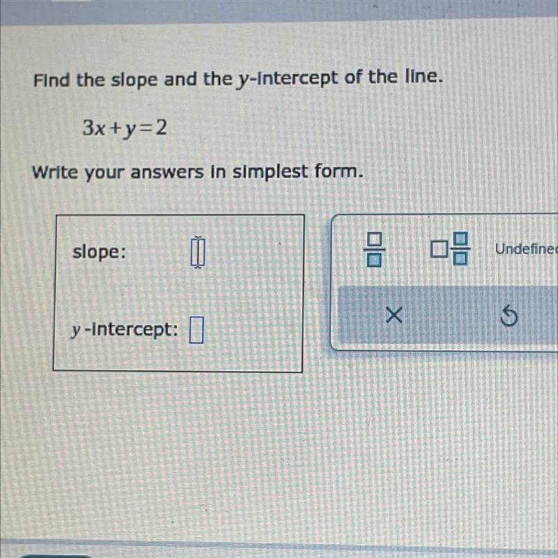 Find the slope and the y-intercept of the line. 3x+y=2 Write your answers in simplest-example-1