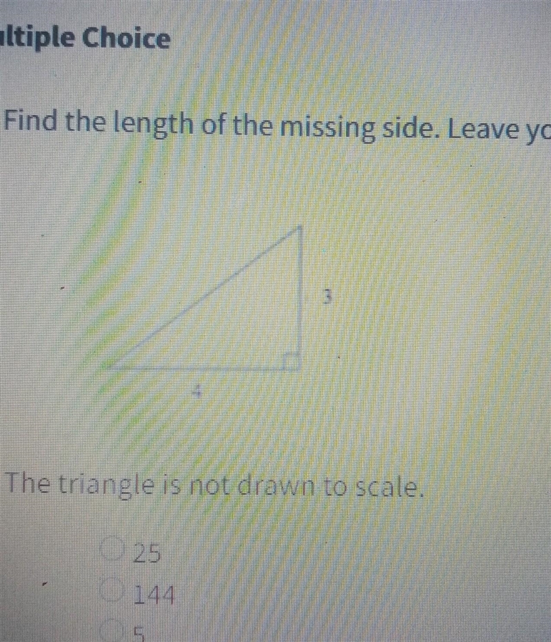 1. Find the length of the missing side. Leave your answer in simplest radical form-example-1