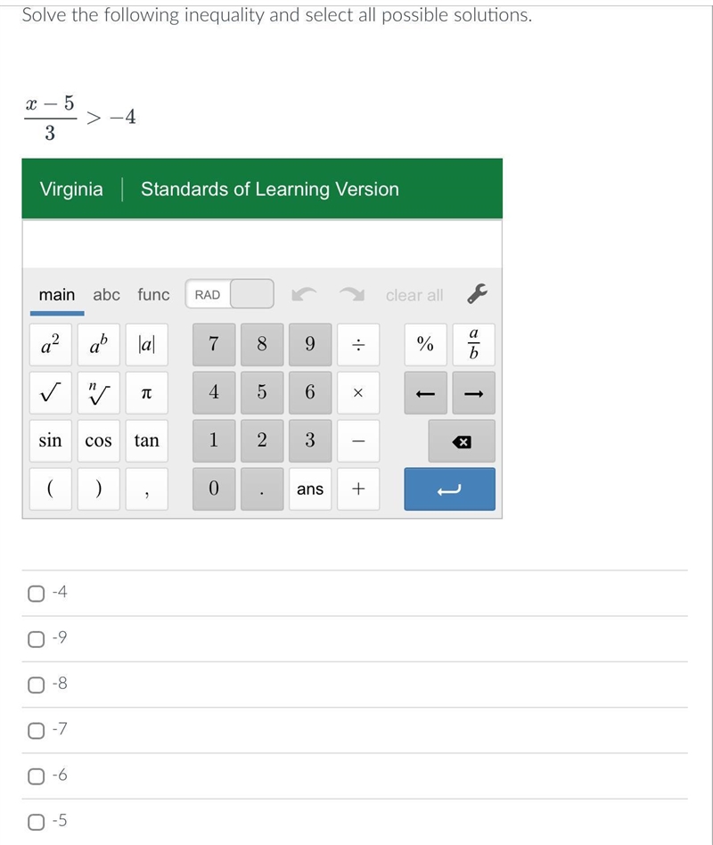 Solve the following inequality and select all possible solutions.-example-1