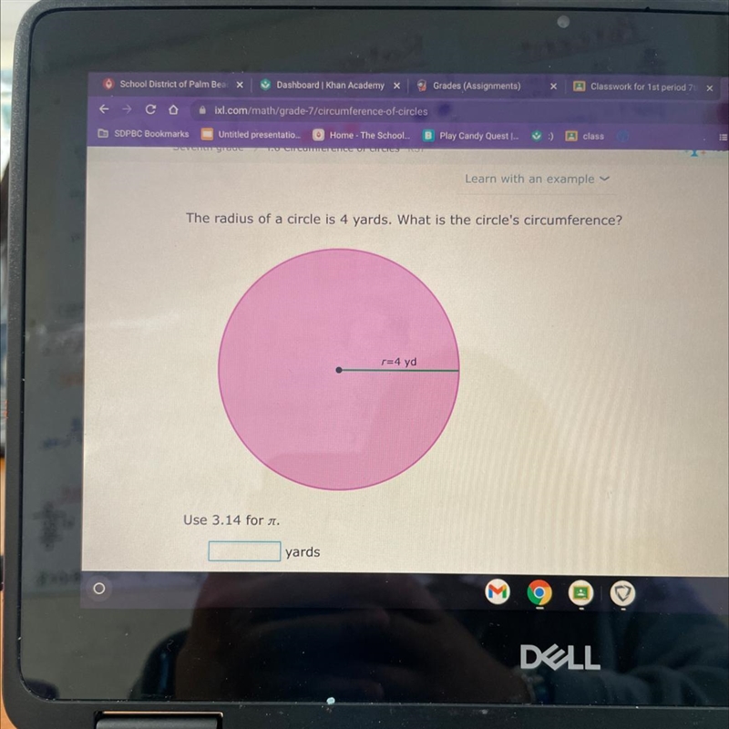 The radius of a circle is 4 yards. What is the circle's circumference? r=4 yd Use-example-1