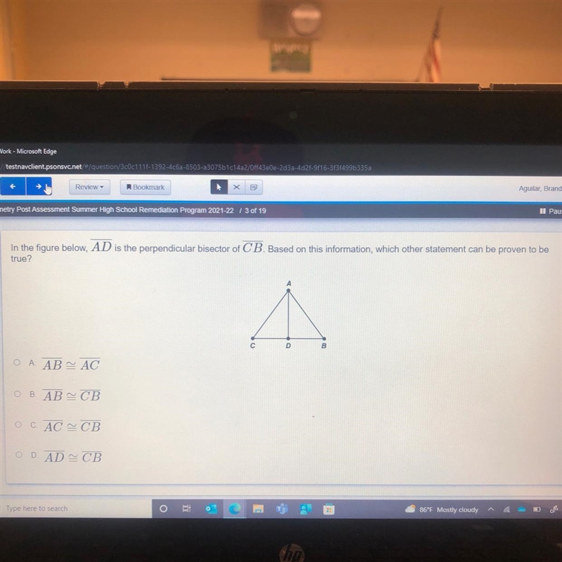 In the figure below, AD is the perpendicular bisector of CB. Based on this information-example-1