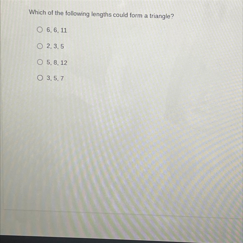 Which one of these numbers could form a triangle?-example-1