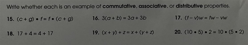 Write whether each is an example of commutative, associative, or distributive properties-example-1