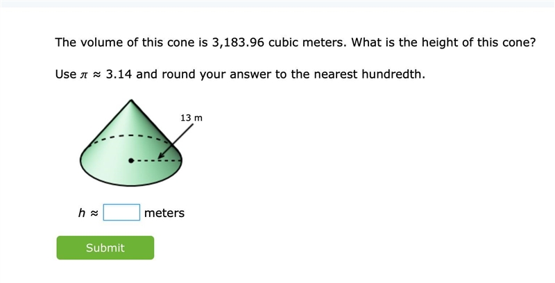 The volume of this cone is 3,183.96 cubic meters. What is the height of this cone-example-1