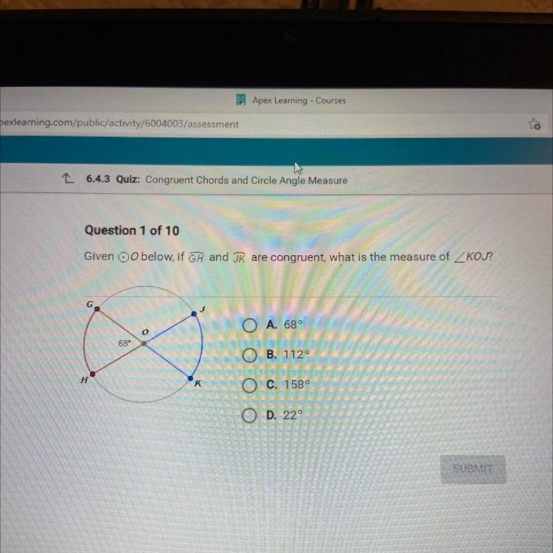 Question 1 of 10 Given below, if G# and are congruent, what is the measure of KOJ-example-1