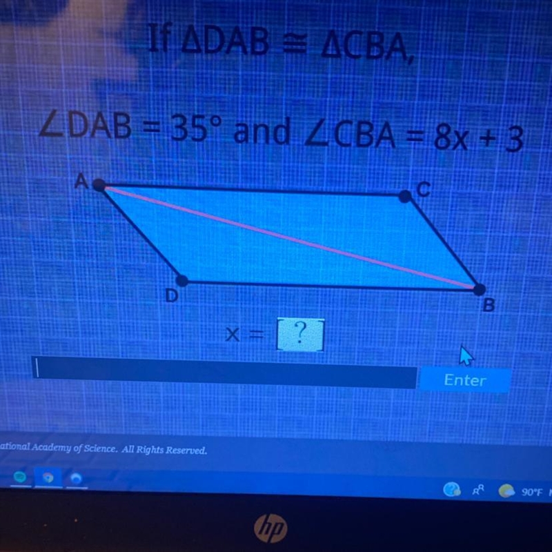 If DAB = CBA, DAB = 35° and CBA = 8x + 3 X= ?-example-1