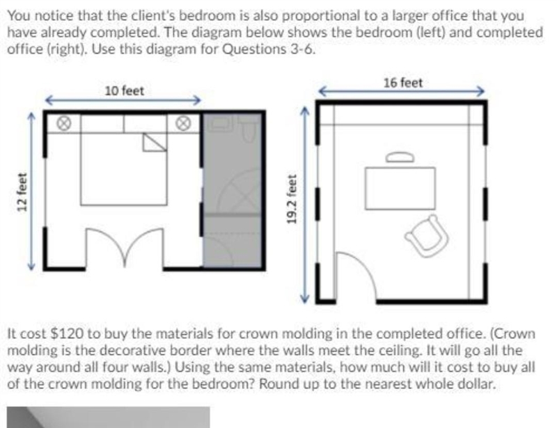 It cost $120 to buy the materials for crown molding in the completed office. (Crown-example-1