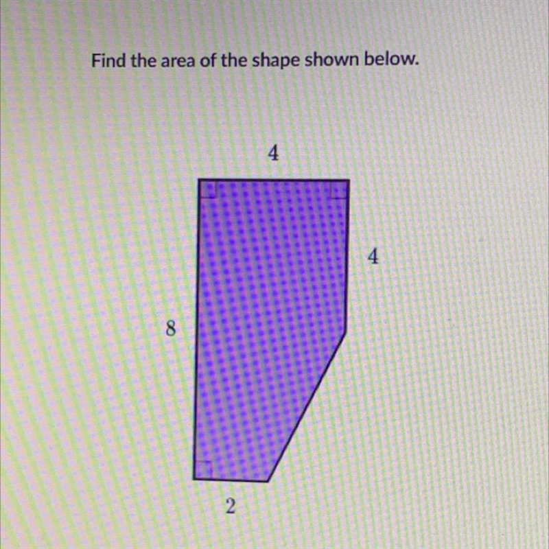 Find the area of the shape shown below.-example-1