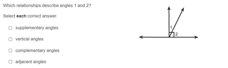 Which relationships describe angles 1 and 2? Select each correct answer. supplementary-example-1